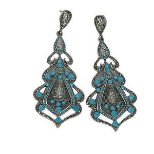 Marcasite & Faceted Blue Stone Chandelier Earrings